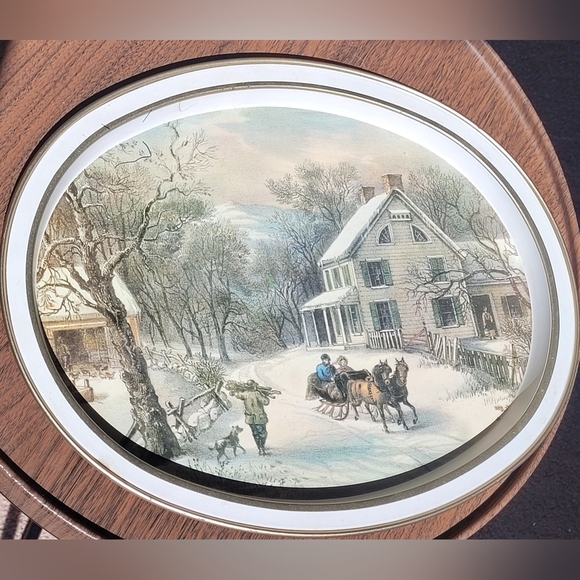 Vintage Currier & Ives The American Homestead Winter ~Metal Serving Tray Oval - Picture 7 of 7